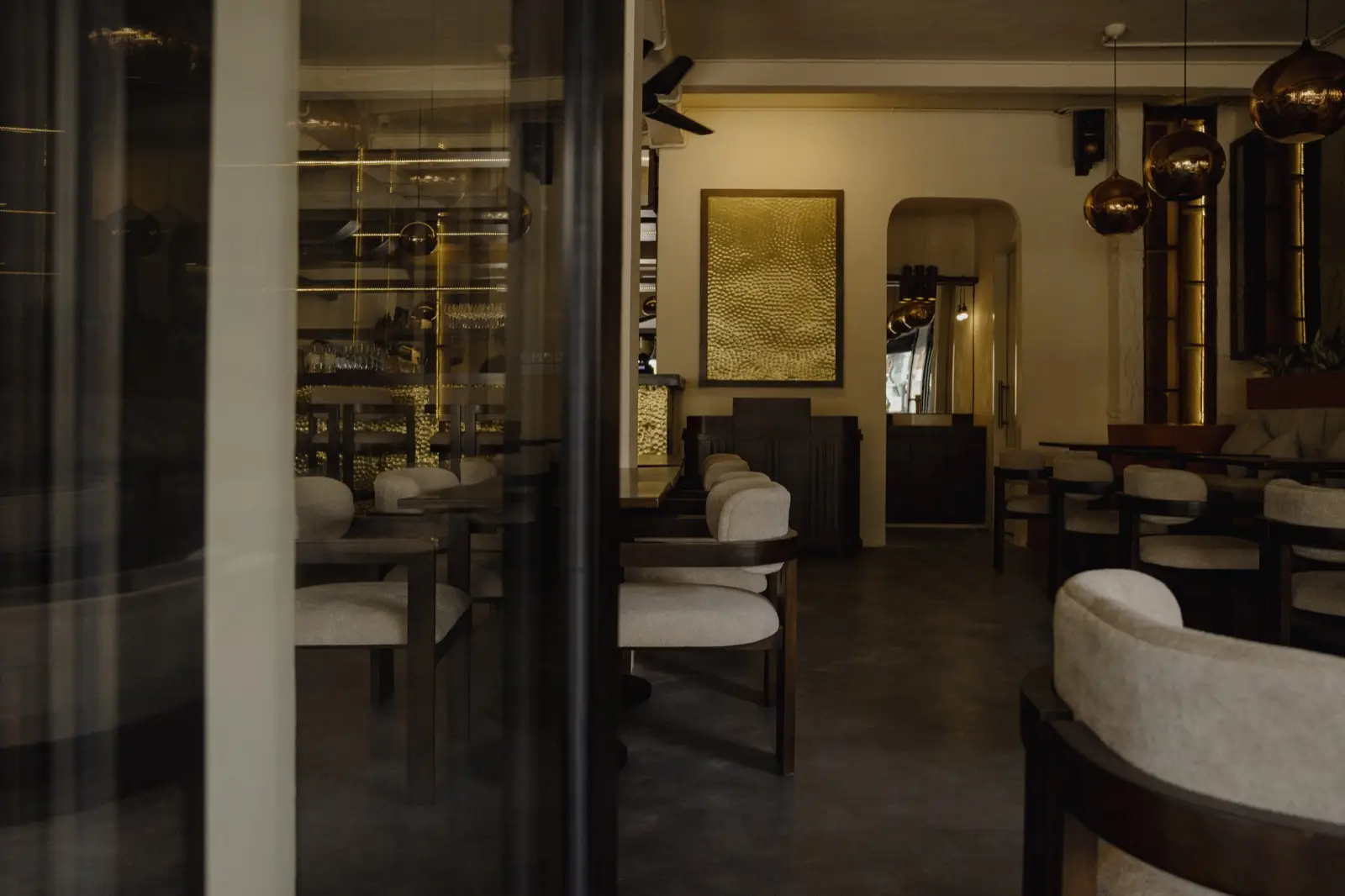 View through the glass door into the dining room
