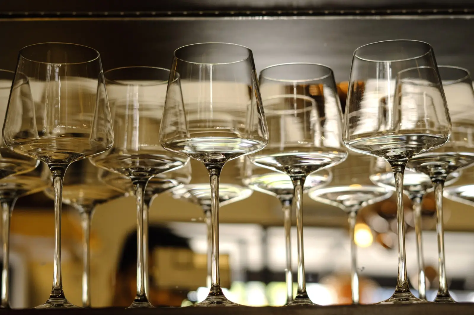 Wine glasses lined up on a shelf above the bar