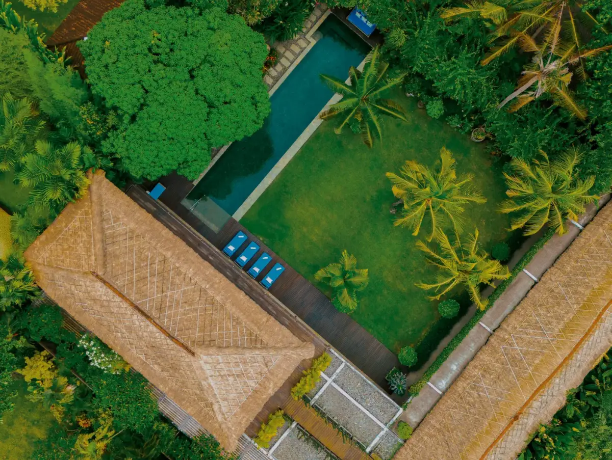 Aerial view of a villa pool and thatched roof among palms